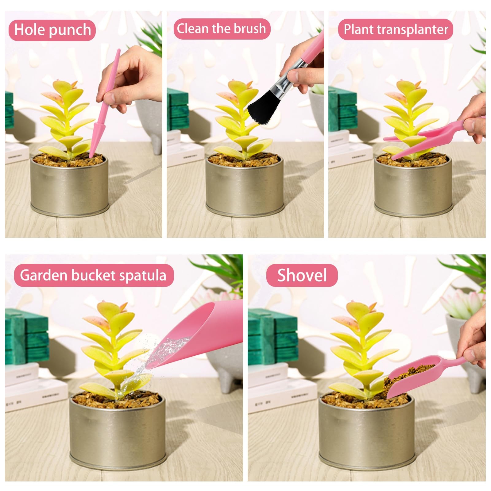 LuckyOpt Mini Succulent Tools, 5Pc Planting Tools Kit Black/Pink