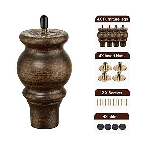 SHANJUE Wood Furniture Legs 5 inch Sofa Legs Set of 4 Round Brown Couch feet ...