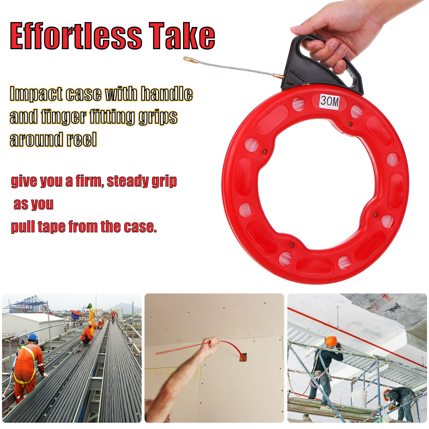 30M Fiberglass Fish Tape Reel Puller Conductive Electrical Cable Puller Pipe