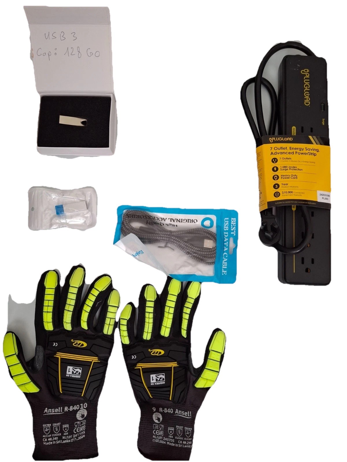 Lot OF  : gloves  2 Power Strips+ protector, USB 3.0 128GB Flash Drive, Cables,