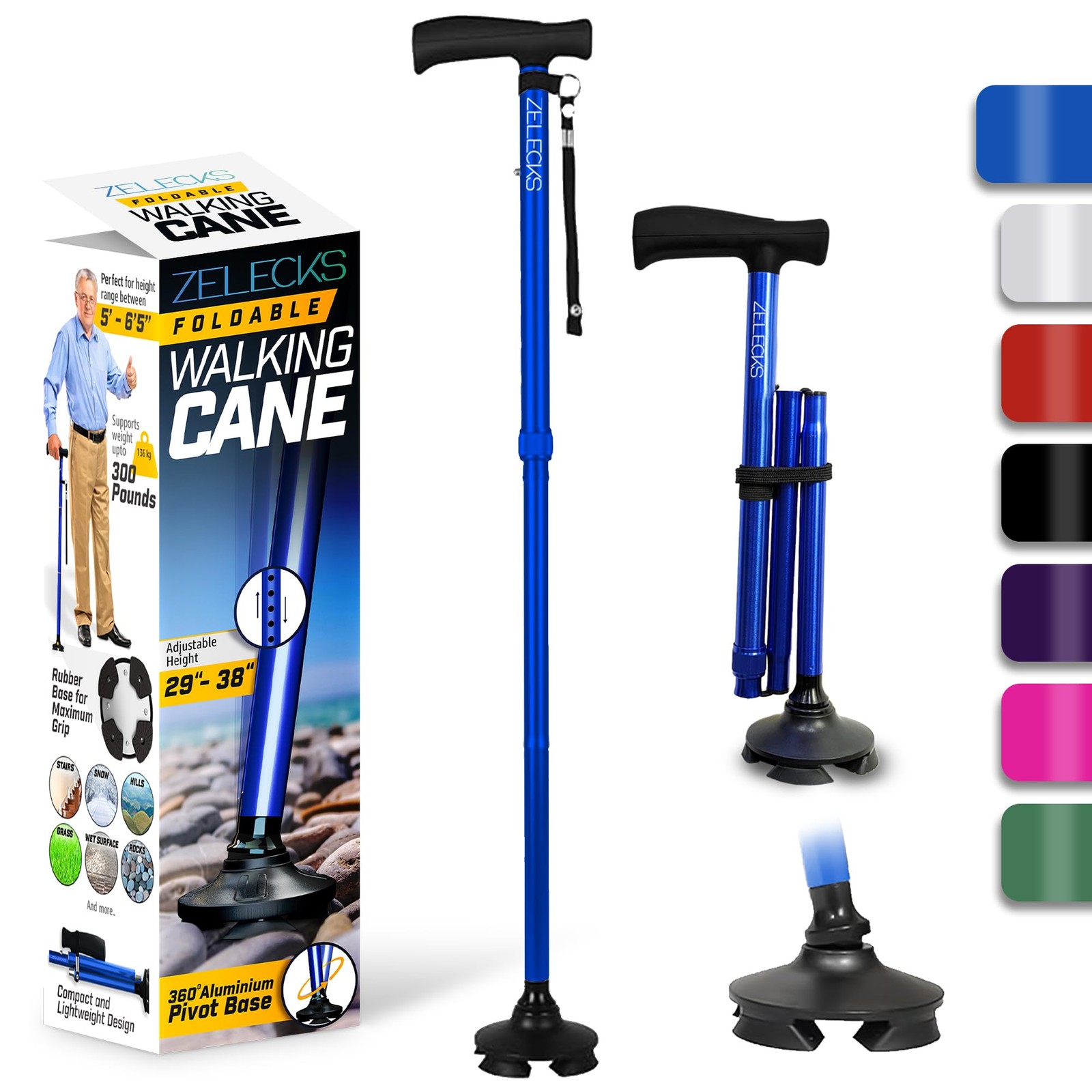 Self Standing Adjustable Folding Walking Cane T Handle 360 Pivot Seniors