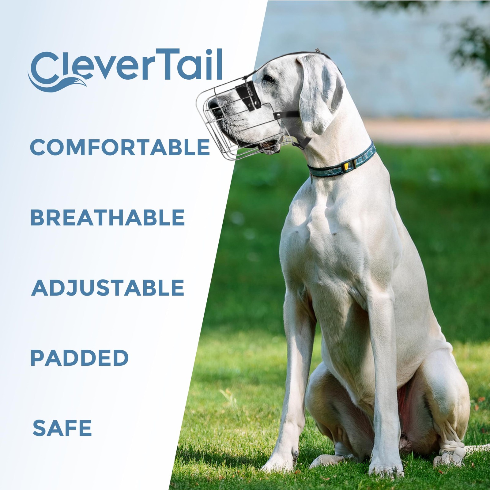 CleverTail Extra Large Dog Muzzle for Large, Silver & Black Straps