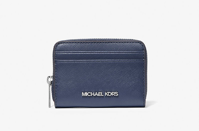 Michael Kors Jet Set Travel Medium Zip Around Card Case Wallet Navy Silver