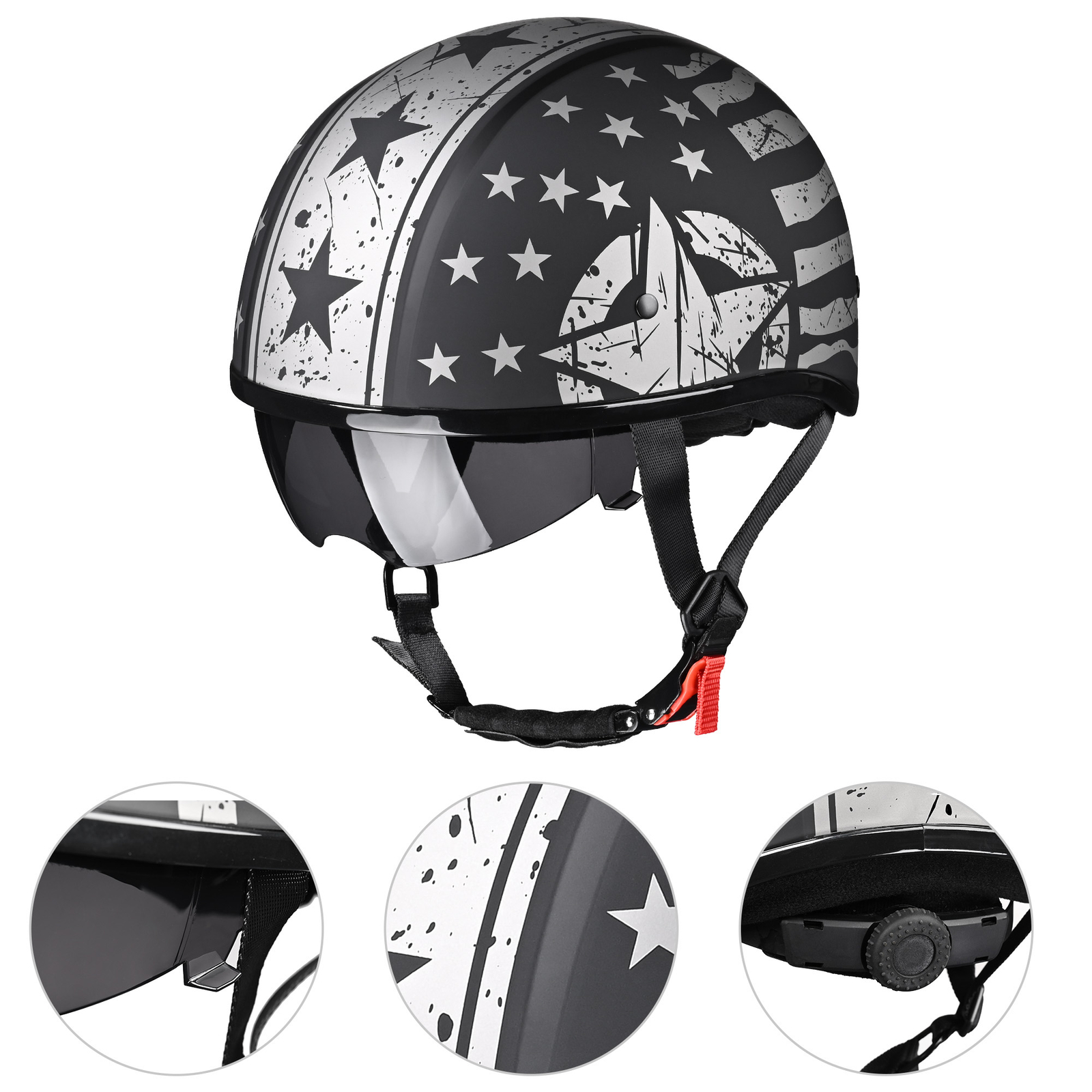 AHR Motorcycle Half Helmet Sunshield Quick Release Half Face Cruiser Scooter DOT