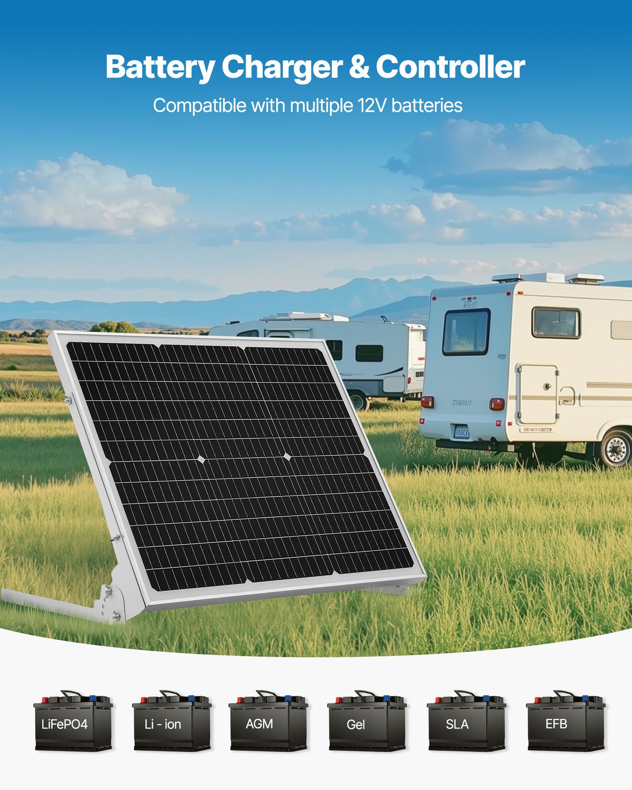VEVOR Solar Battery Trickle Charger Kit 50W 12V with Upgraded MPPT Controller