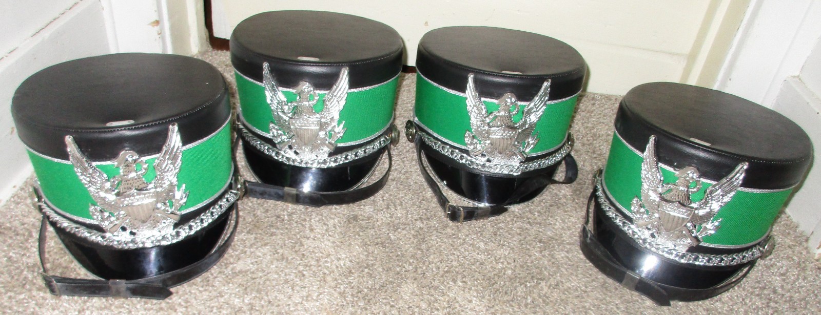 Lot 4 Stanbury Marching Band Hats Green Black Silver Vinyl With Eagle Chin Strap