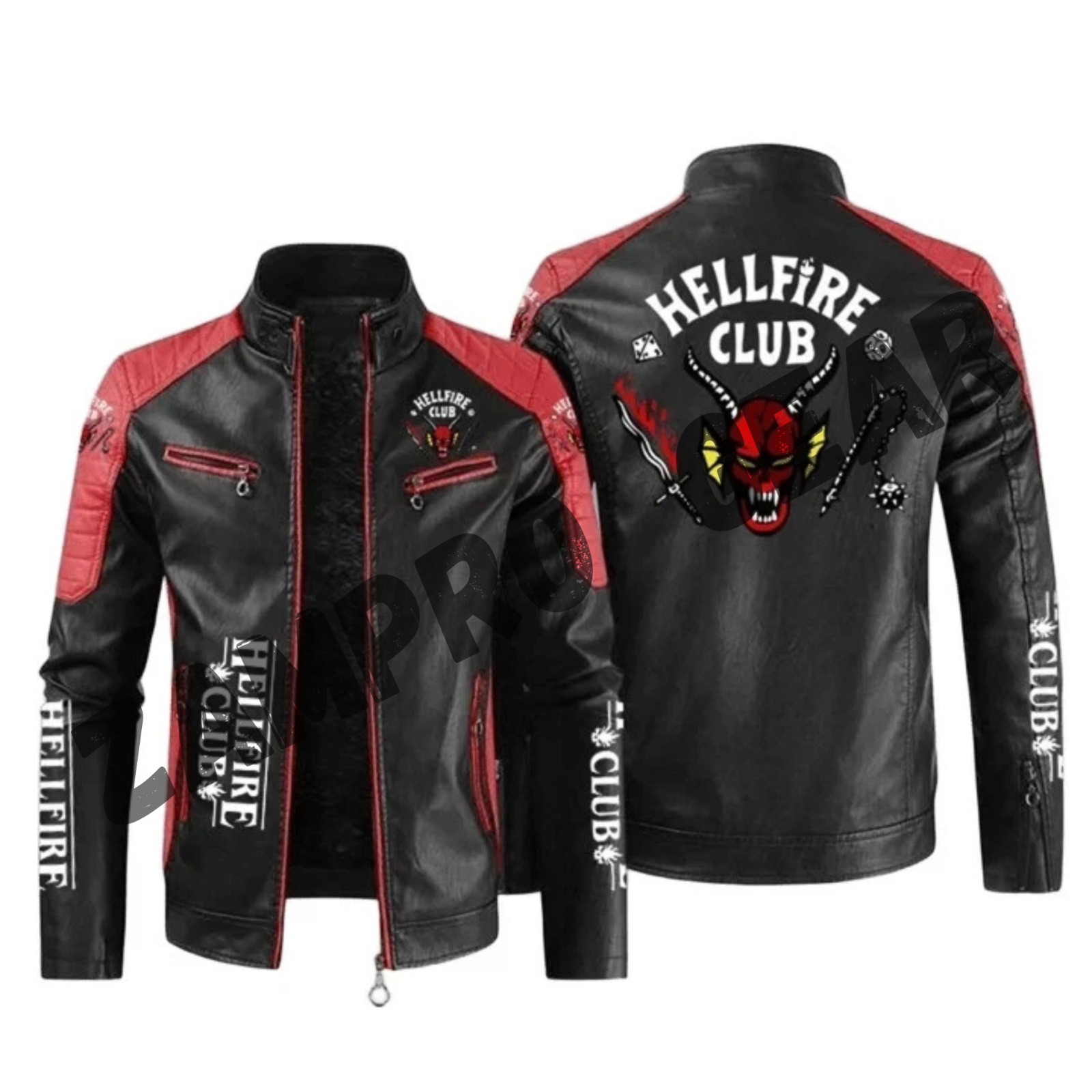 Men's Leather Motorcycle Winter Jacket Sticker Stranger Things Hellfire Club