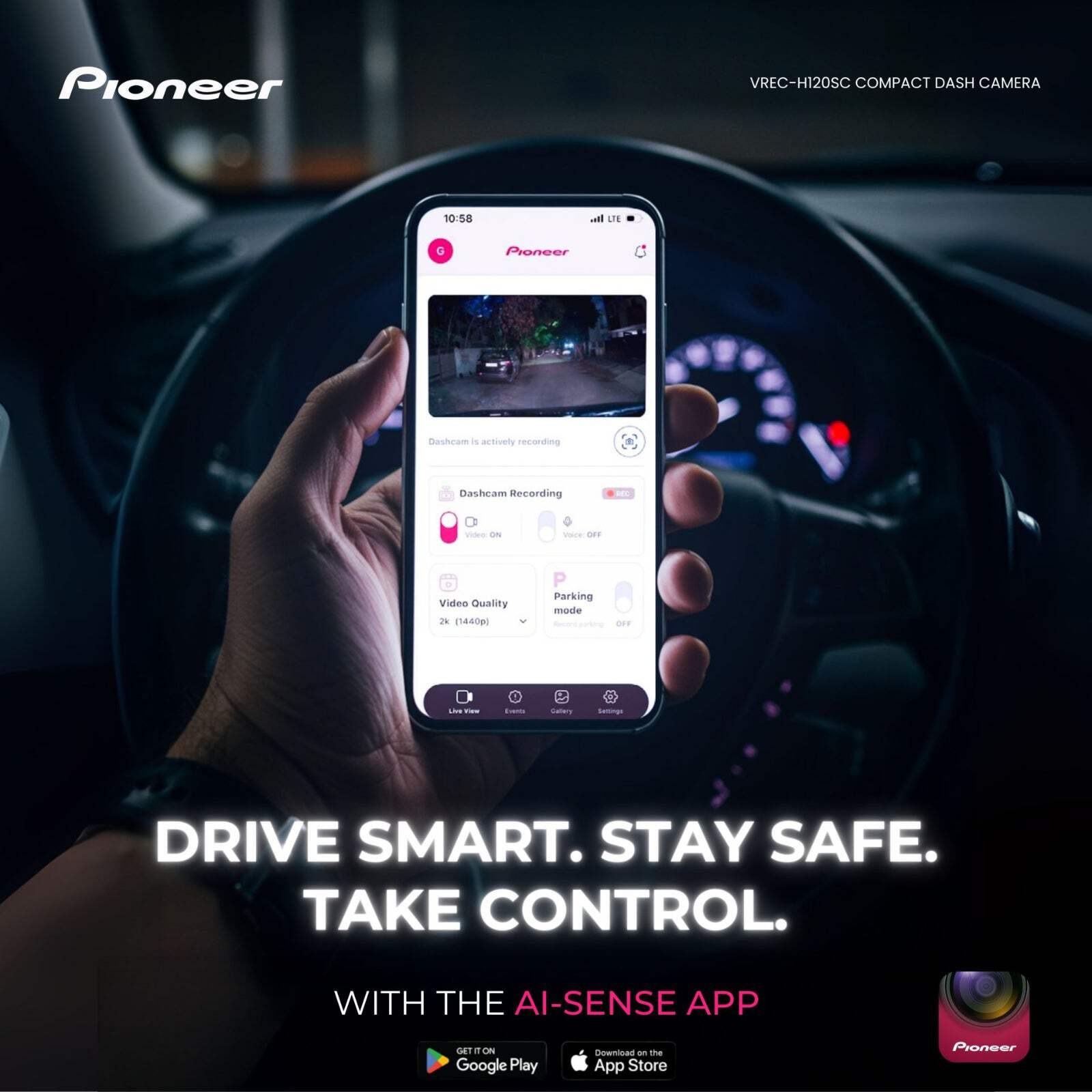 Pioneer VREC-H120SC Dash Cam Wi-Fi 1296p Ultra Compact 1 Channel Front Camera