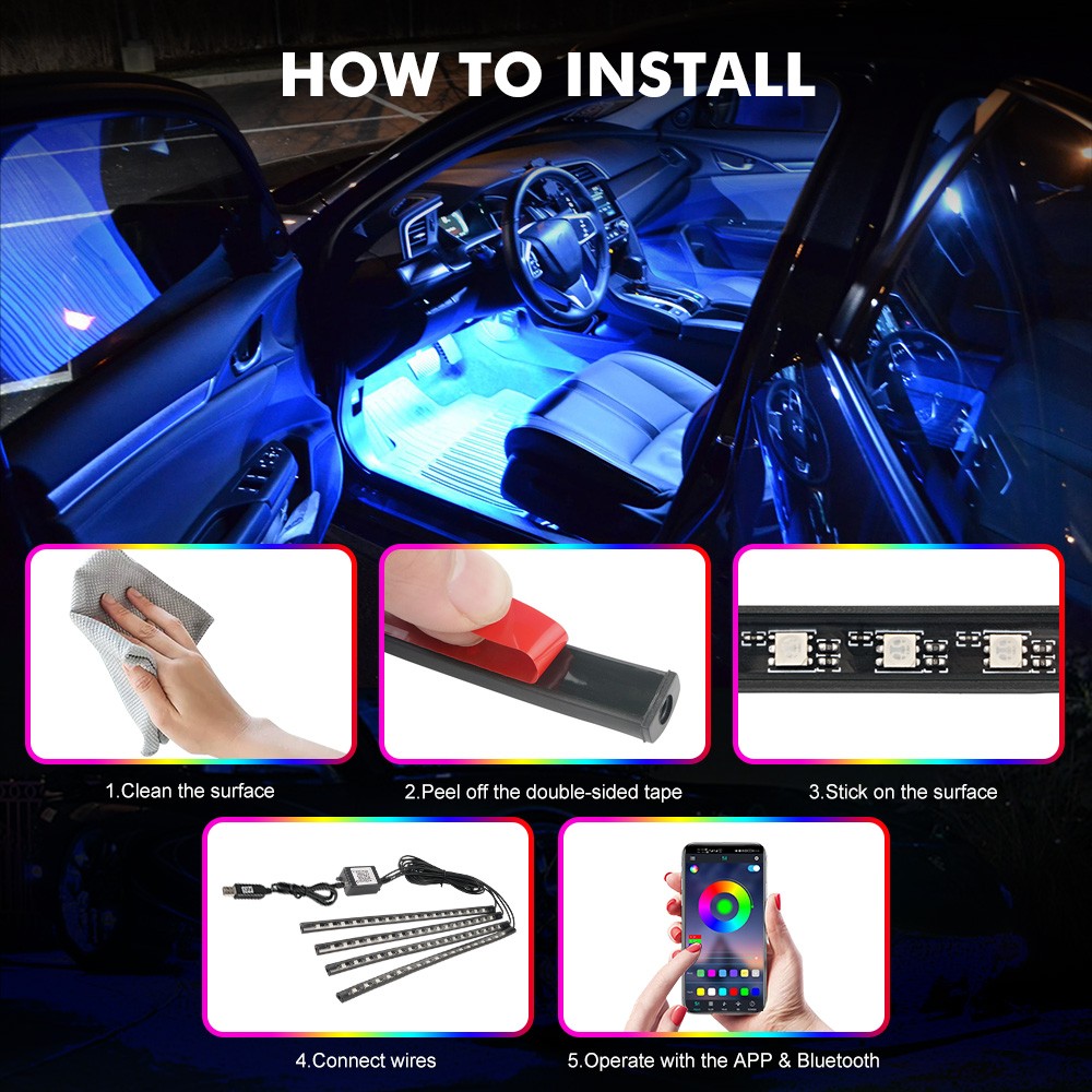 4x RGB 72 LED Car Interior Floor Light Strips USB with Bluetooth APP Control