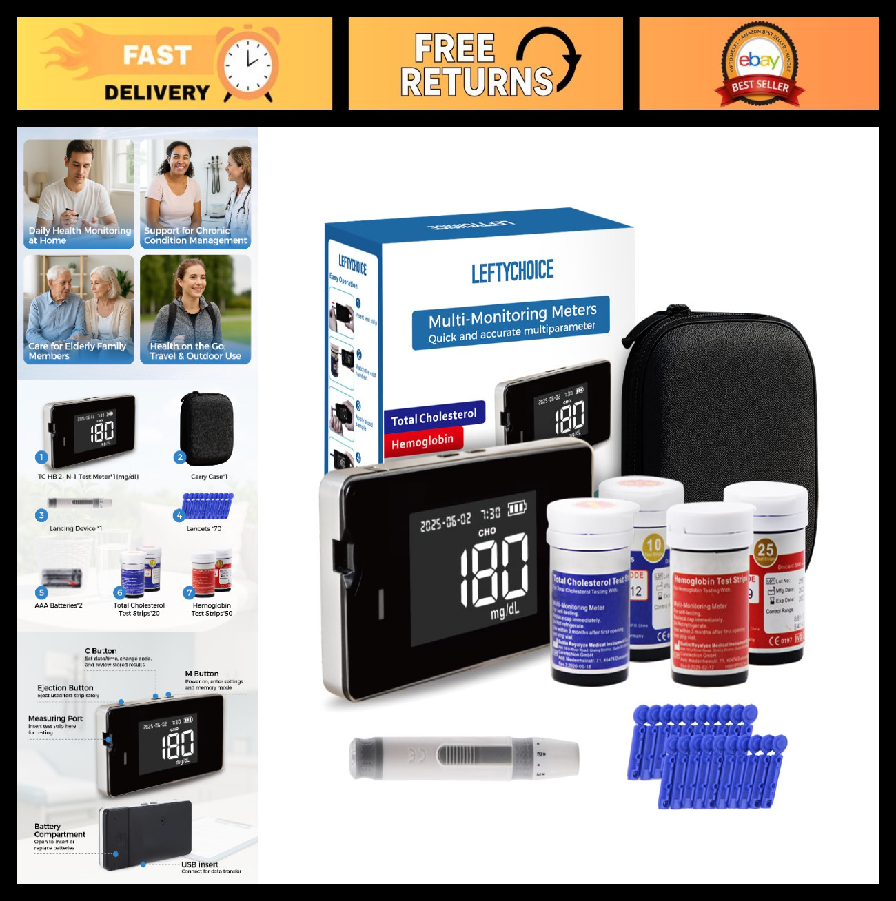 2-in-1 Cholesterol & Hemoglobin Testing Kit - At Home Blood Test Meter, Quick Re