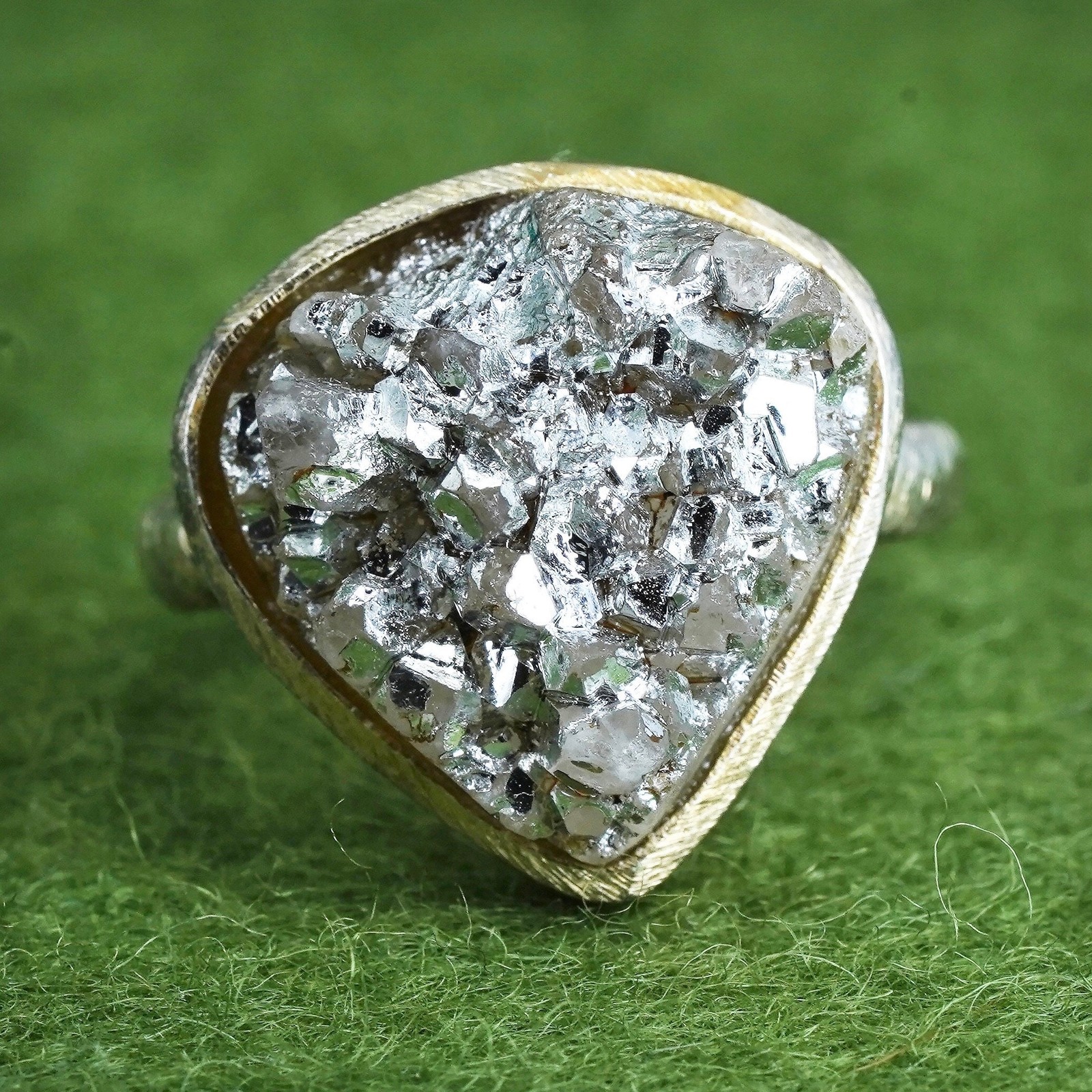 Size 7 vermeil gold over Sterling 925 silver teardrop ring metallic druzy stone