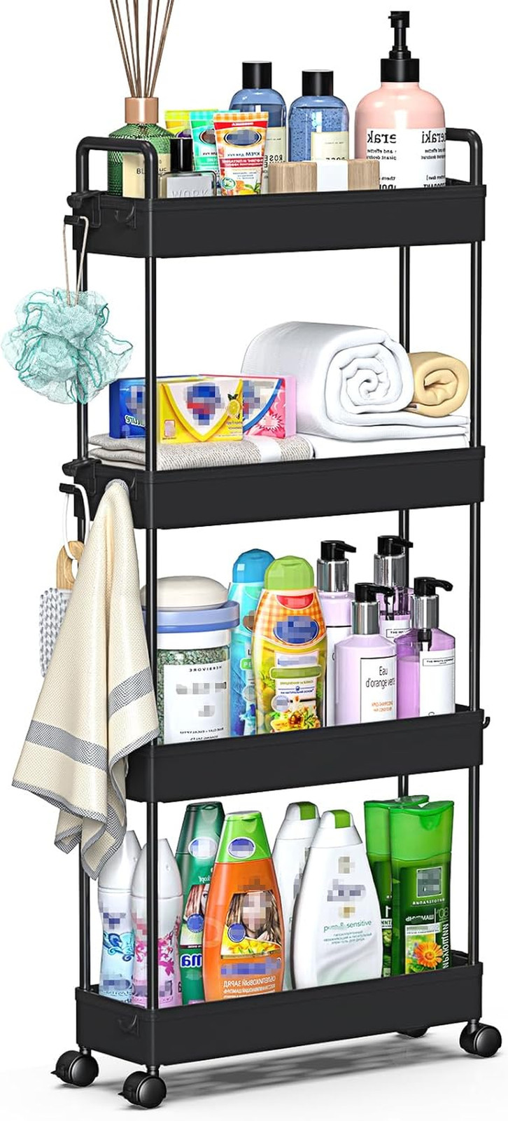 Slim Rolling Storage Cart with Wheels 4 Tier Skinny Bathroom Storage Organizer N