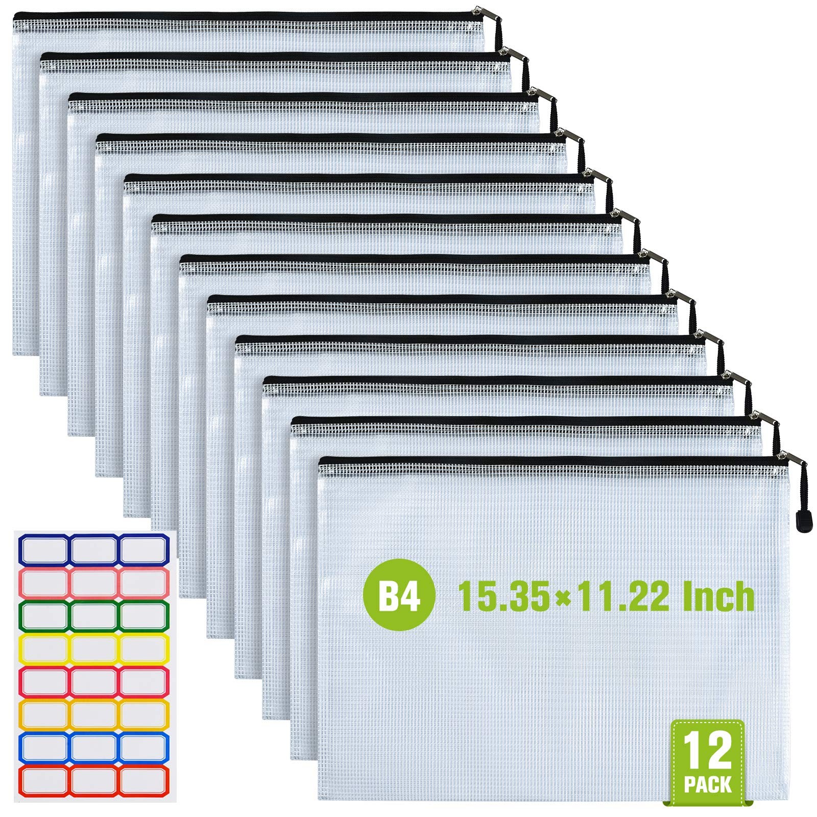 12 PCS B4 Plastic Mesh Zip File Bags Organizer Pouch 15.35x11.22 Inch