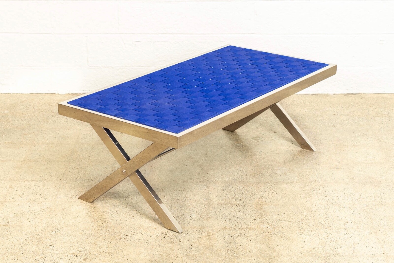 Mid Century Modern Milo Baughman Style Chrome and Blue Strap Bench 1980s