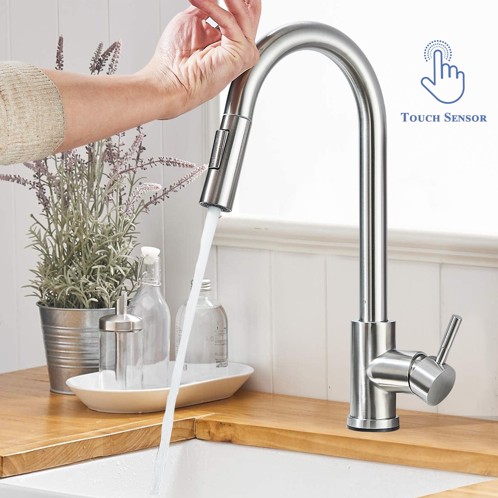 Touch Sensor Kitchen Faucet Pull Down Sprayer Swivel Sink Mixer Brushed Nickel