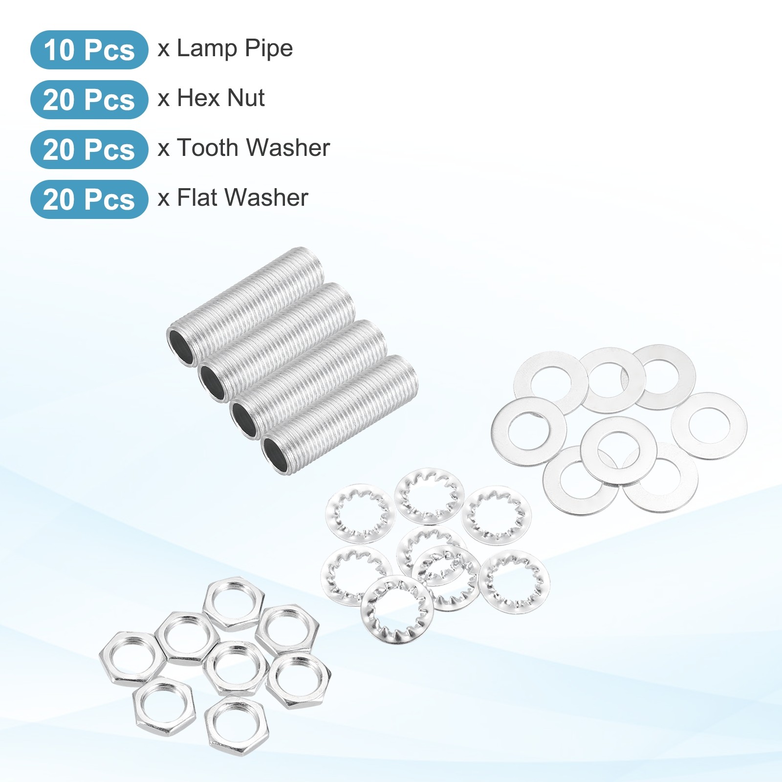 70Pcs 1.2" M10 Lamp Pipe Kit with Lock Nuts Washers for Assembly Silver