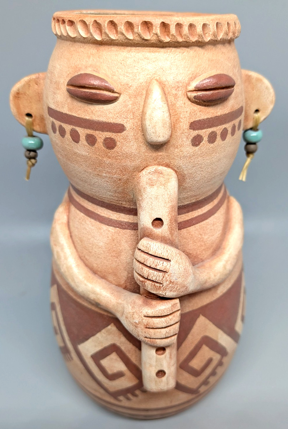 Peru Figure with Flute Pottery Vessel Signed Darby