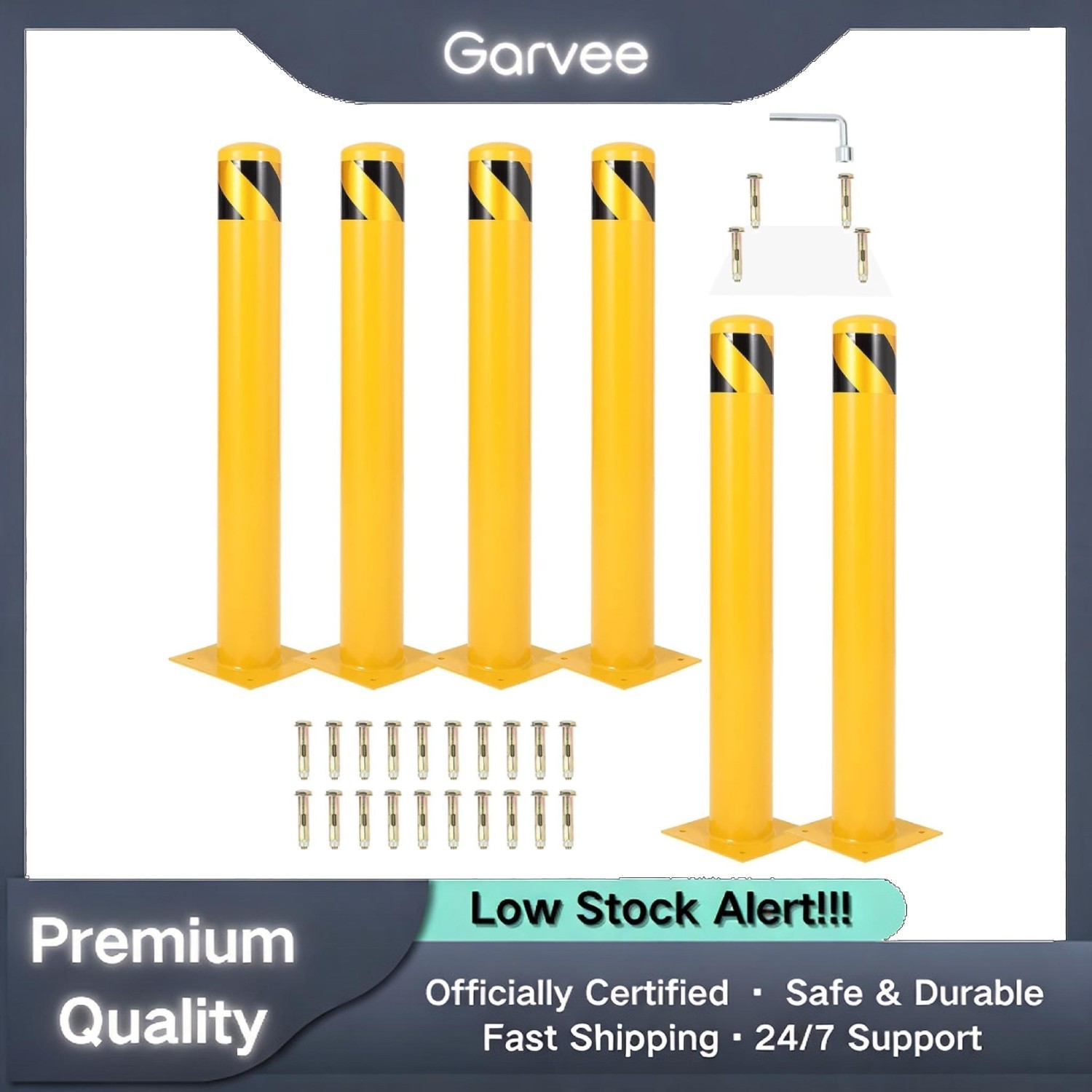 42" Yellow Steel Safety Bollard 6 Pack, 4.5" Diameter, 32 Anchor Bolts for Traff