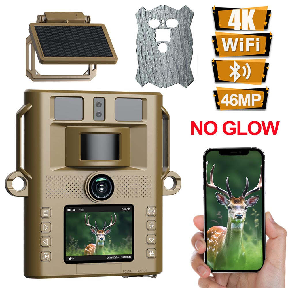Trail Camera Solar Powered, 46MP 4K Game Wildlife Camera WIFI Night Vision