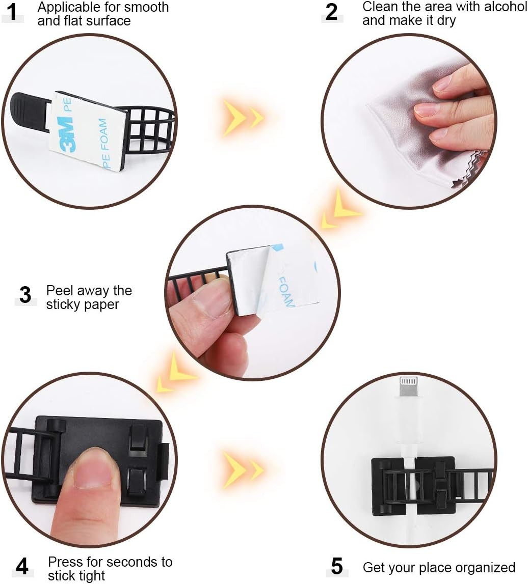 50Pcs Adhesive Cable Management Clips with 50Pcs Zip Ties, Adjustable Nylon Cabl