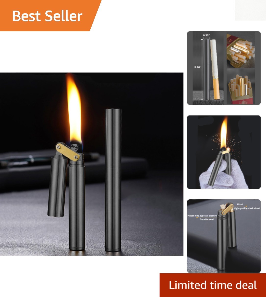 Lightweight Antique Brass Lighter: Eco-Friendly, Kerosene Refillable - Black