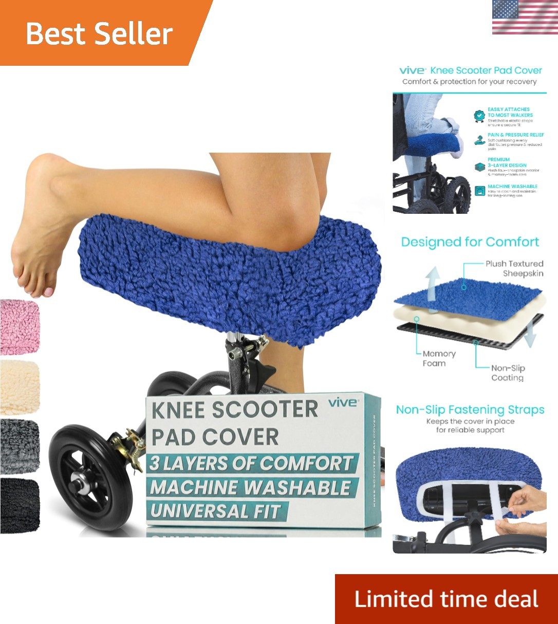 Luxury Blue Sheepskin Knee Scooter Cover - Memory Foam for Ultimate Comfort