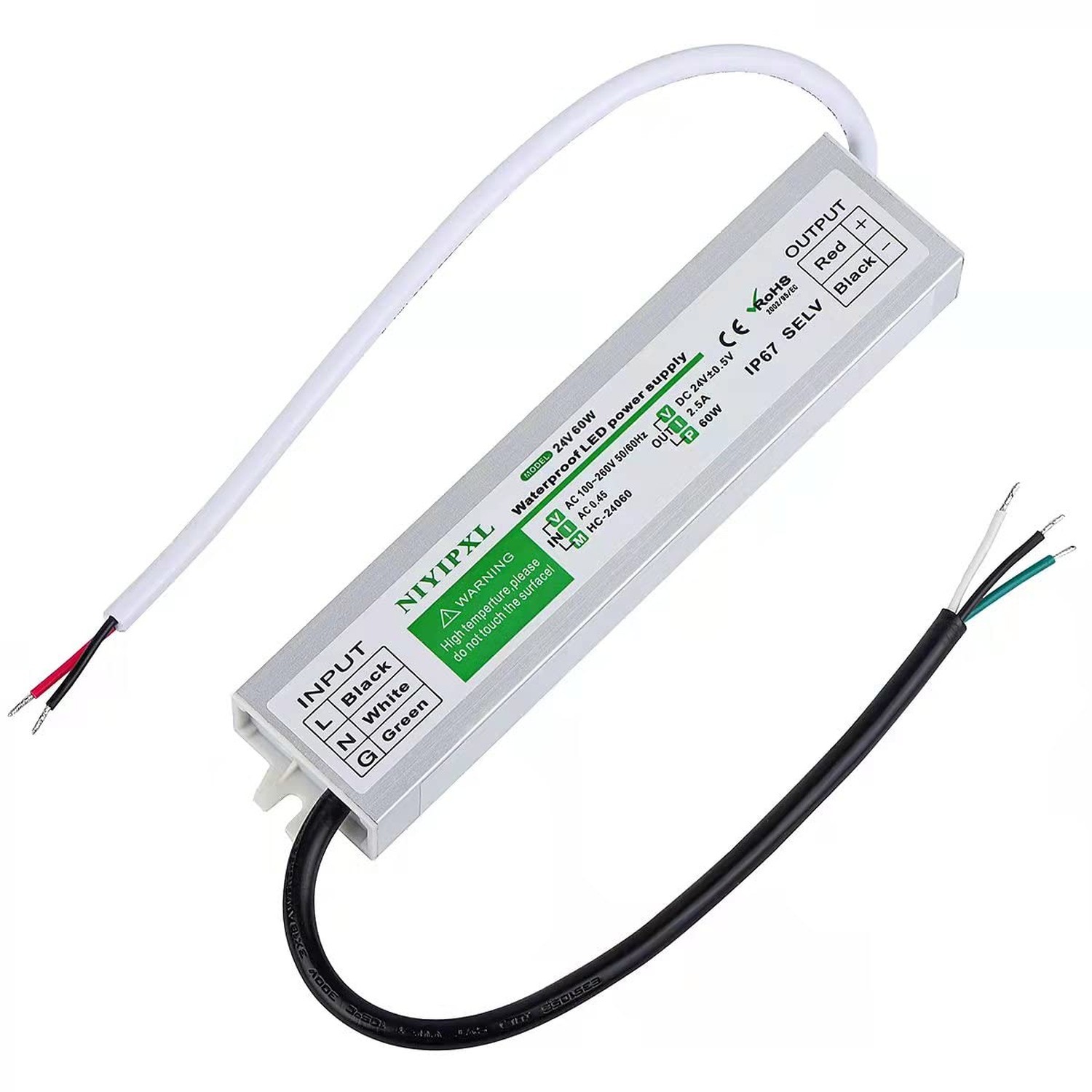 LED Driver 60W 24V, Waterproof IP67 Power Supply, Transformer for Strip Light...
