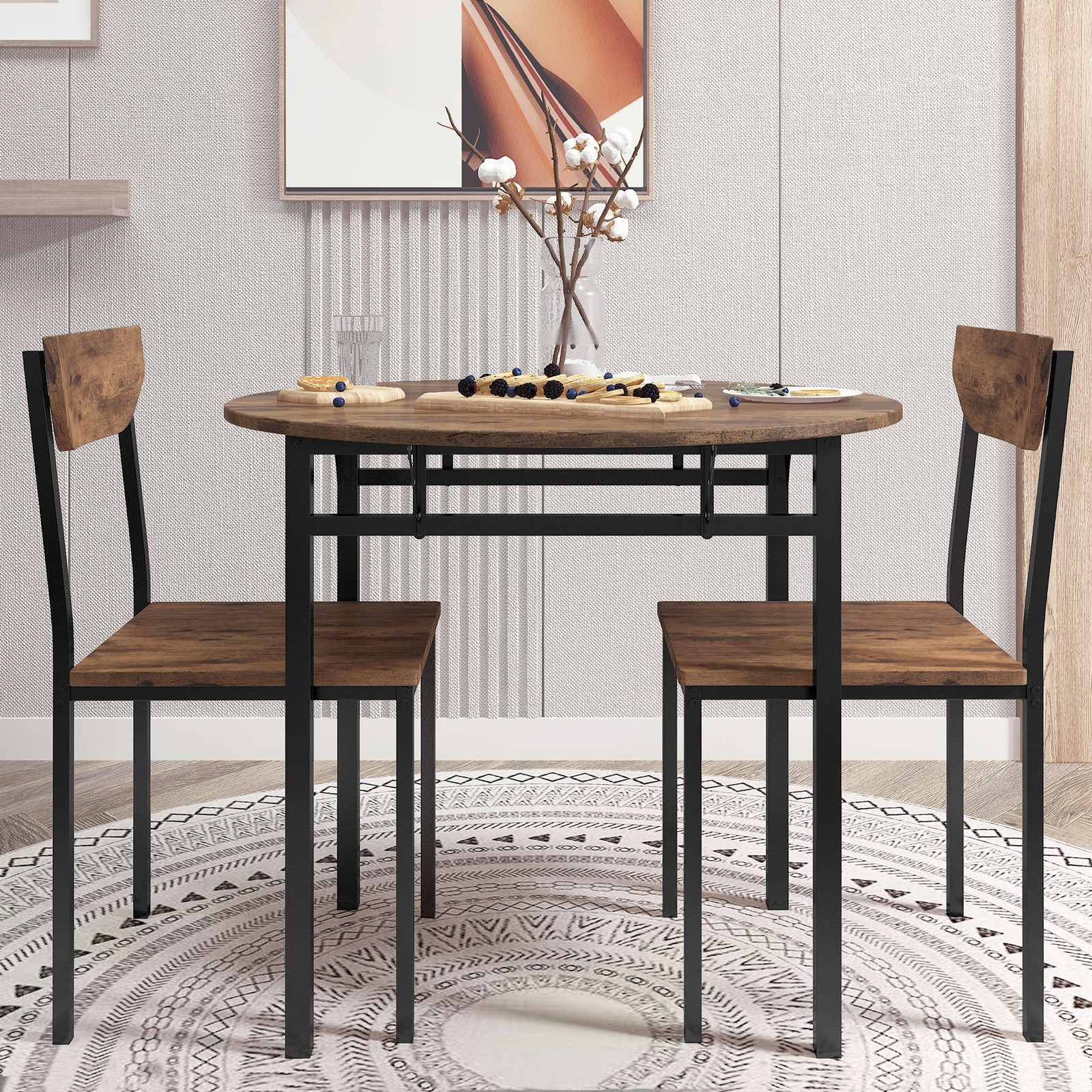 Modern 3-Piece Round Dining Table Set with Drop Leaf and 2 Chairs for Small