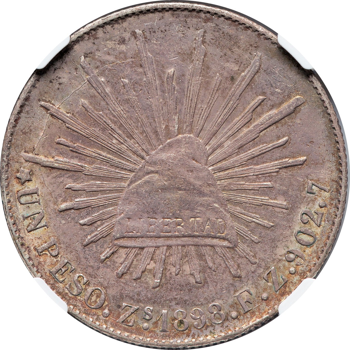 Mexico 1 Peso Zs 1898 F.Z. Zacatecas, NGC AU58. Toning KM# 409.3
