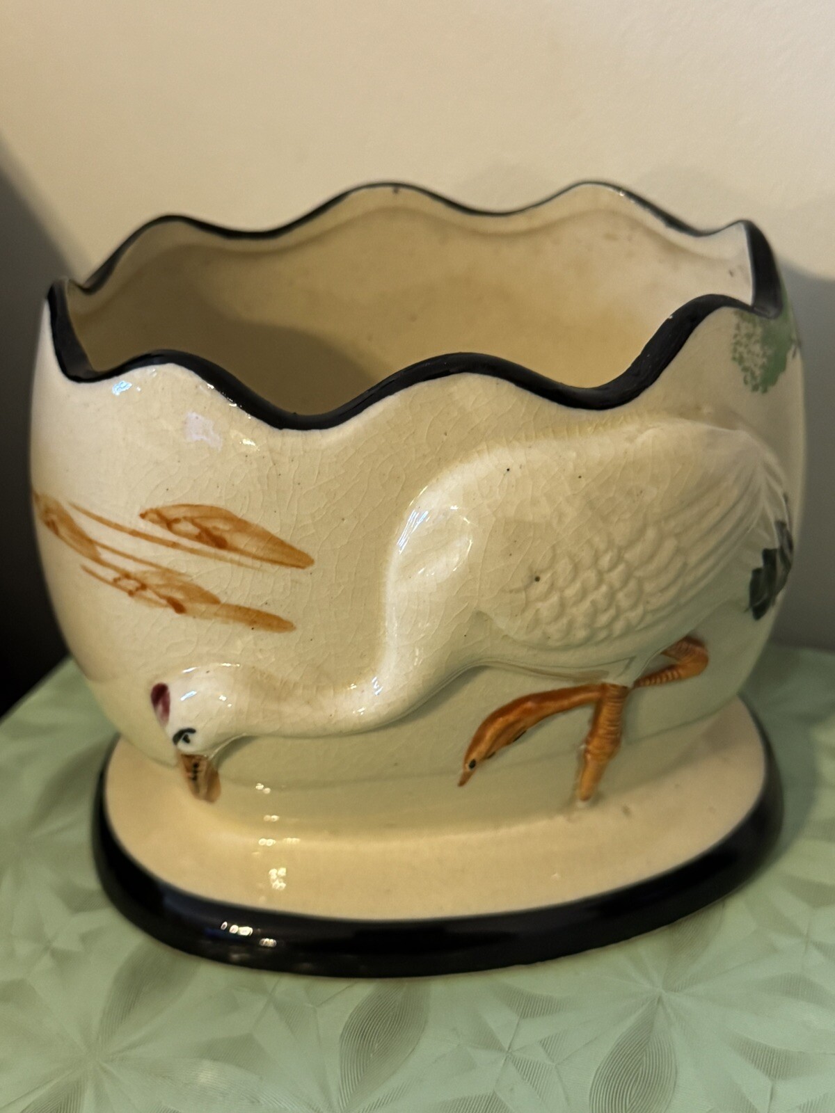 Vintage Rare Japan Crane Bird Scalloped Planter