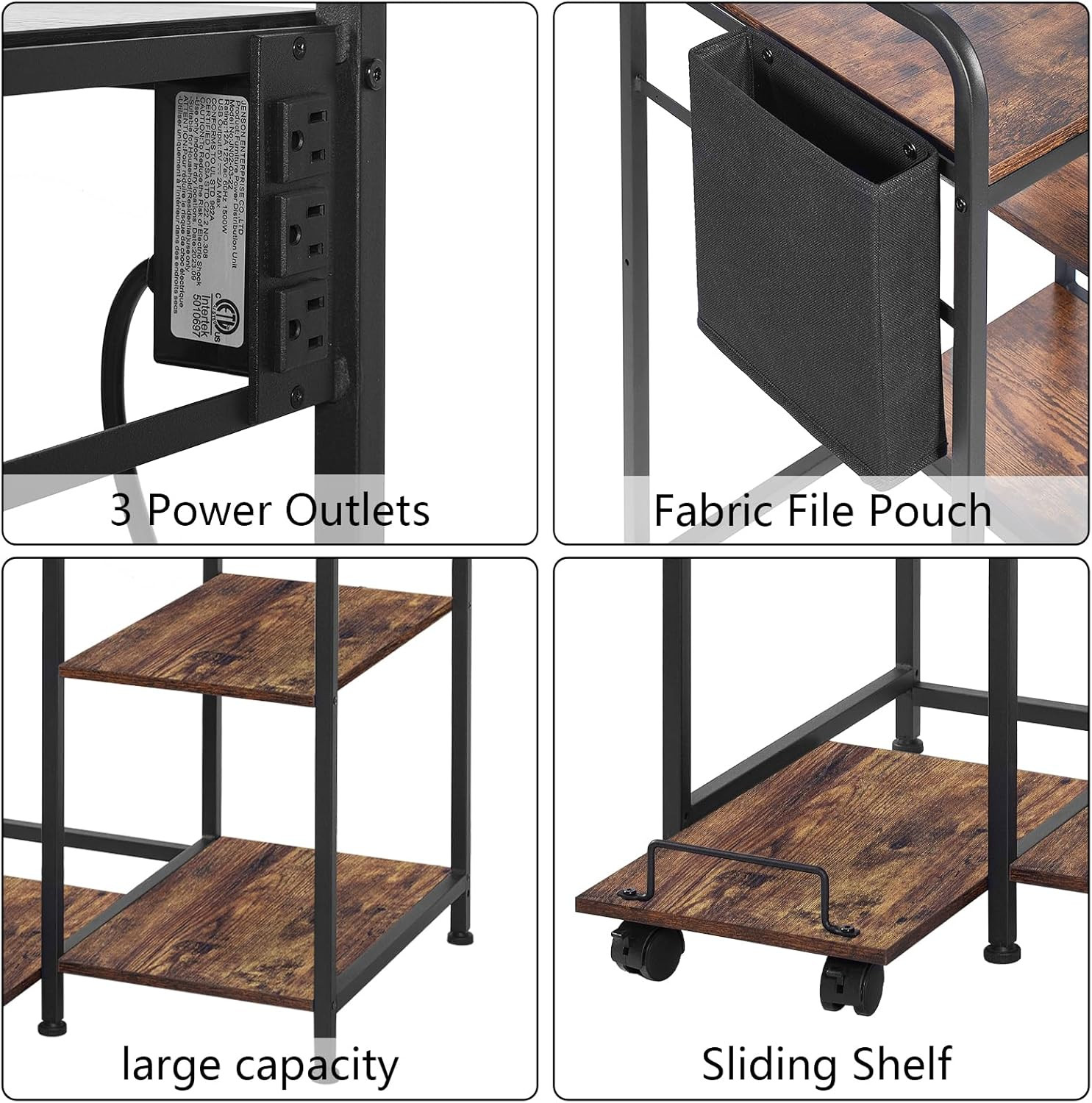 Rustic Brown Home Printer Stand with Charging Station & Storage for Office