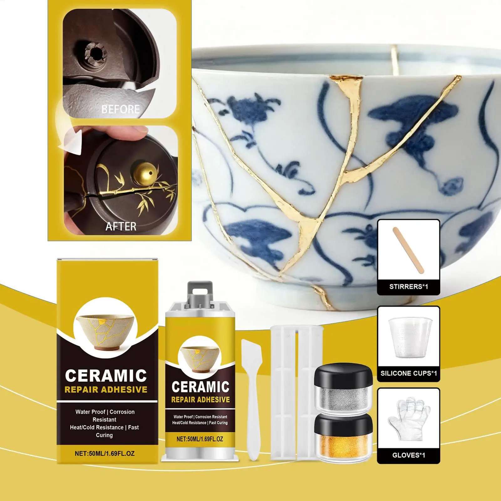 Kintsugi Repair Kit Gold Ceramic Glue Food Safe Adhesive Pottery Restoration