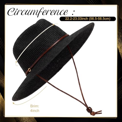 Women Straw Sun Panama Hats for Women Sun Wide Brim Straw Hat Fedora Black