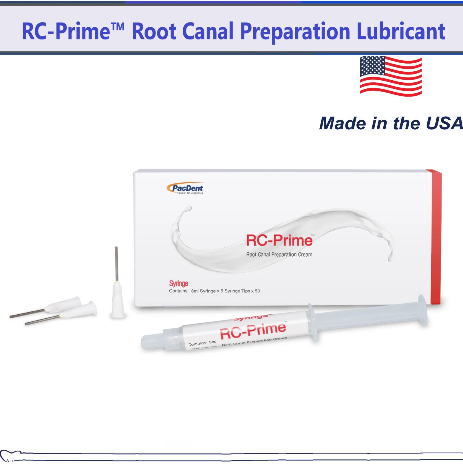 Dental Pac-Dent RC Prime Root Canal Prep Cream  1/5 x 3cc Syringes, 50 tips USA