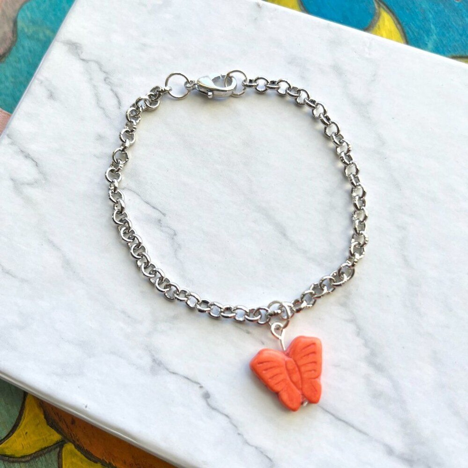 Orange Butterfly Charm Silver Chain Bracelet