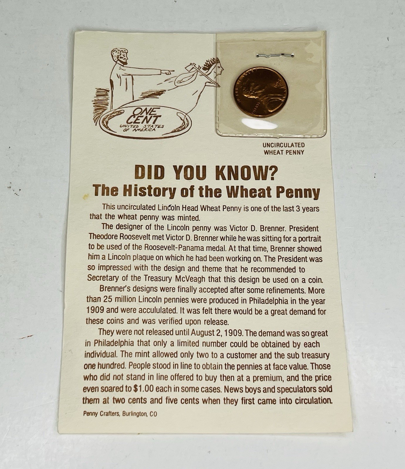 The History of the Wheat Penny Card & Sealed Uncirculated 1958 D Coin