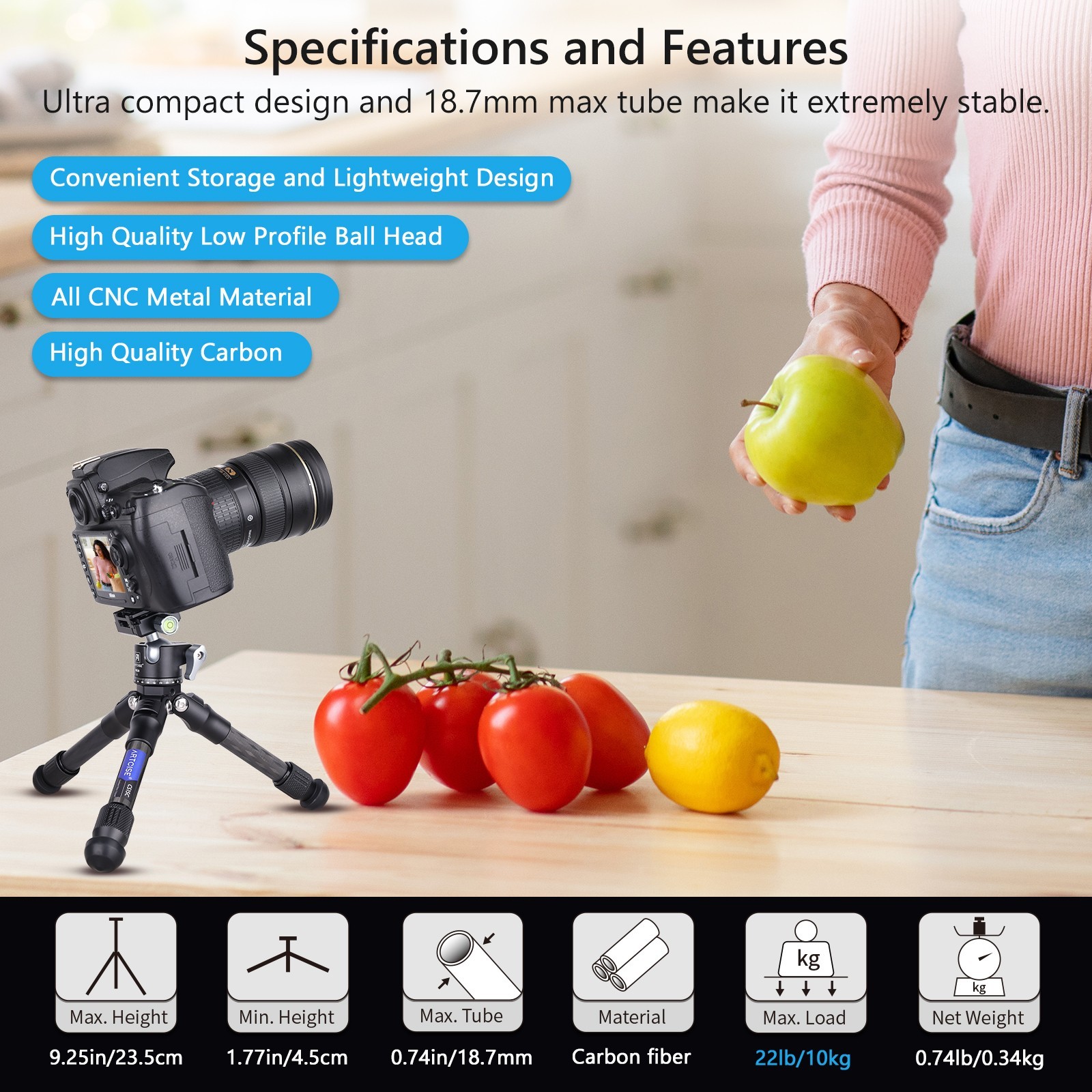Mini Camera Tripod Carbon Fiber Tabletop Tripod Compact Portable Desktop Tripod