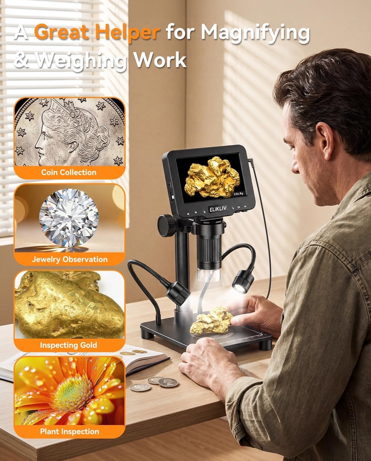 Coin Microscope 0.1g Scale 1000X Magnification 4.3" IPS Screen
