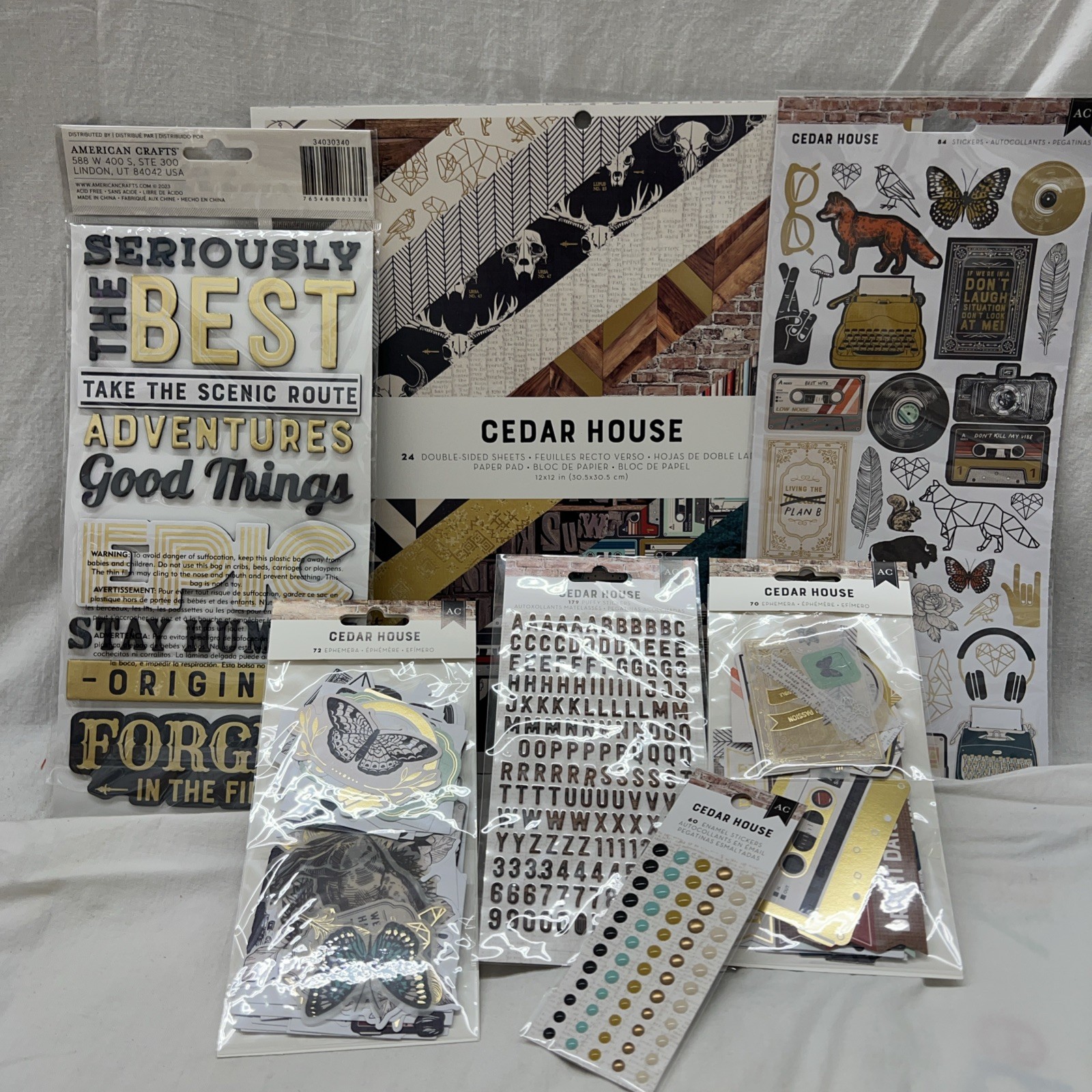 American Crafts Cedar House Collection 7 Pcs Paper Thickers Ephemera Letters Dot