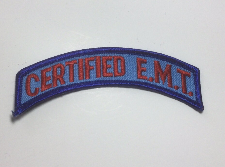 (2) "CERTIFIED E.M.T." Embroidered Upper Rocker Patch Blue and Red NOS 101
