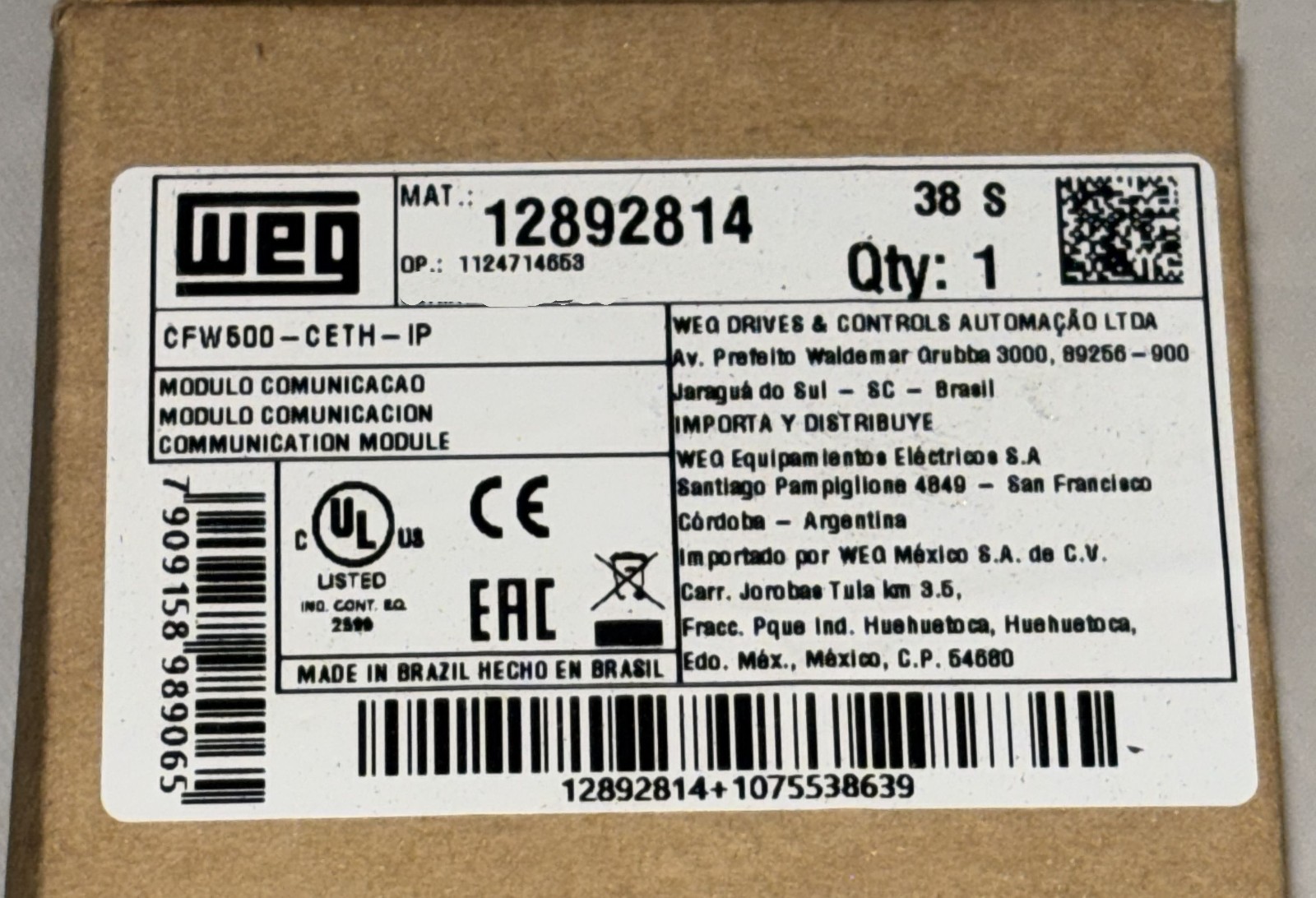 WEG CFW500 VFD ETHERNET PLUG-IN COMMUNICATION MODULE CFW500-CETH-IP