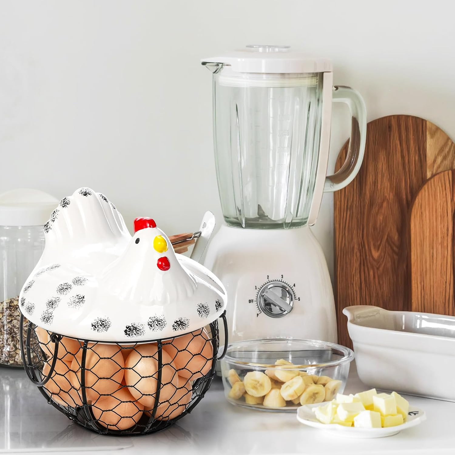 Chicken Egg Basket, Black Wire Egg Collection Baskes with Ceramic Lid for Gat...