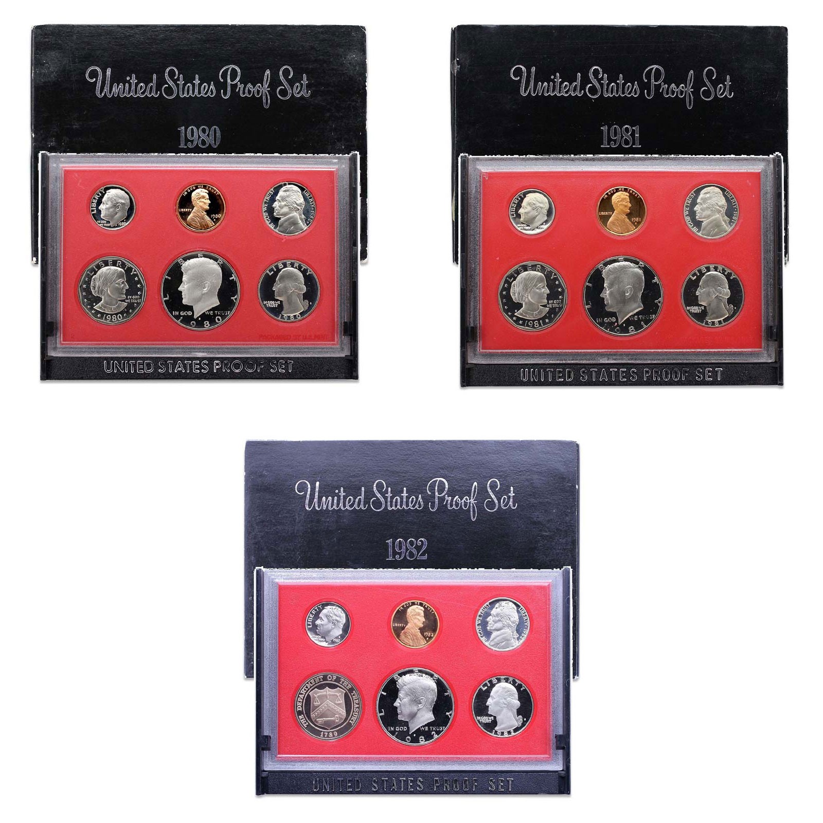1980 1981 1982 Proof Set Run Original Box CN-Clad 3 Sets 17 Coin Lot US Mint