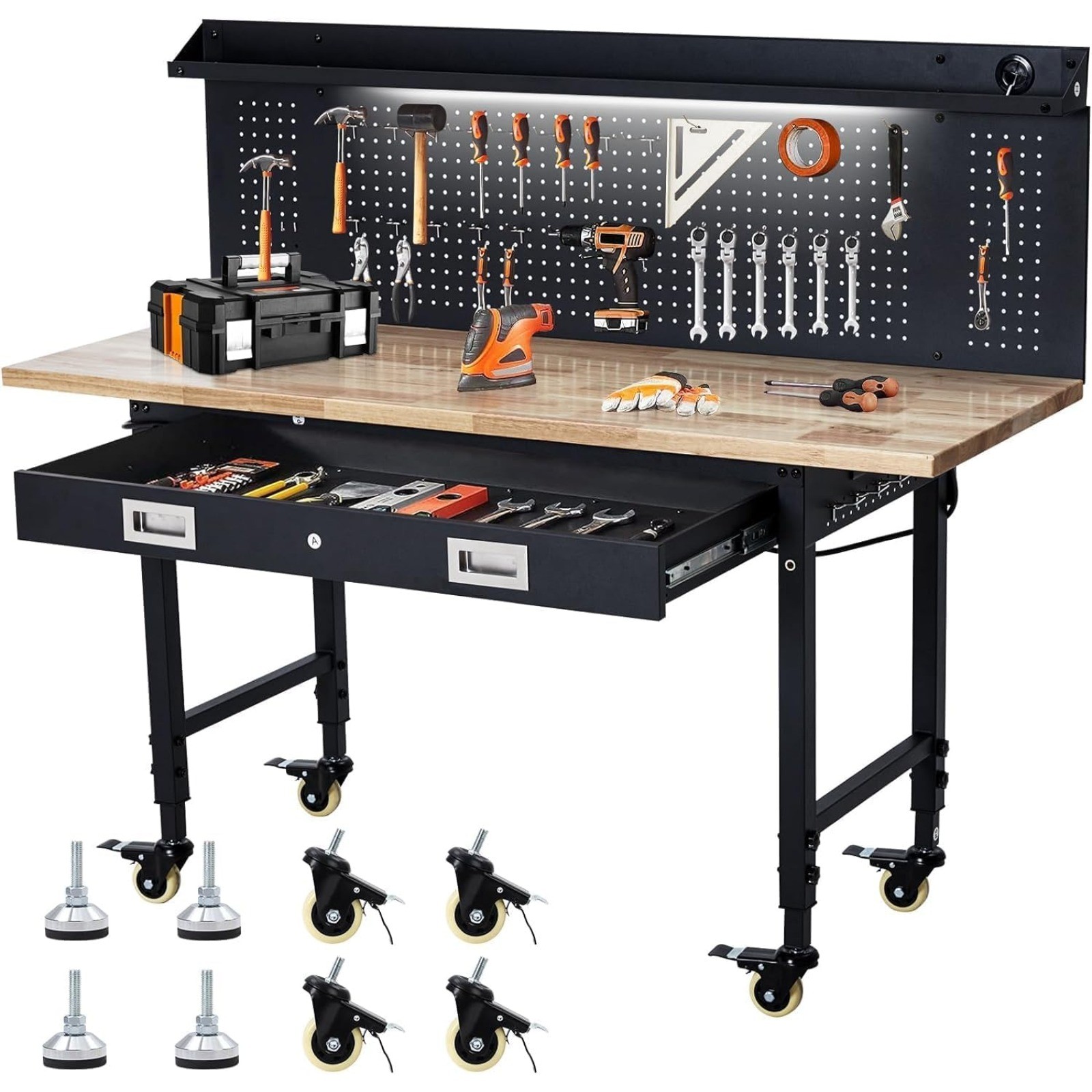 60x22 Adjustable Workbench,Heavy Duty Rubberwood Top 2000 Lb Capacity USA