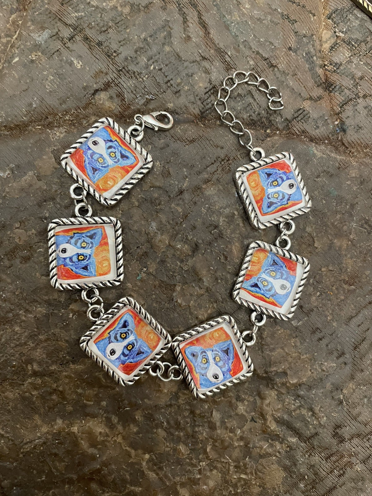 Retro Blue Pooch Antique Silver Rope Filigree Square Link Bracelet