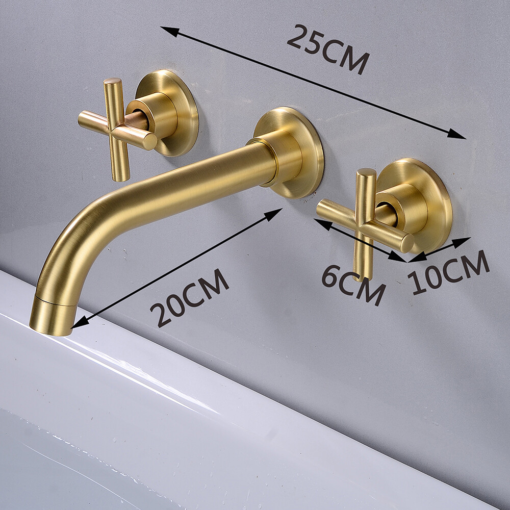 Modern Wall Mount Bathroom Sink Brass Mixer Faucet Tap 2 Handle Brushed Gold NEW