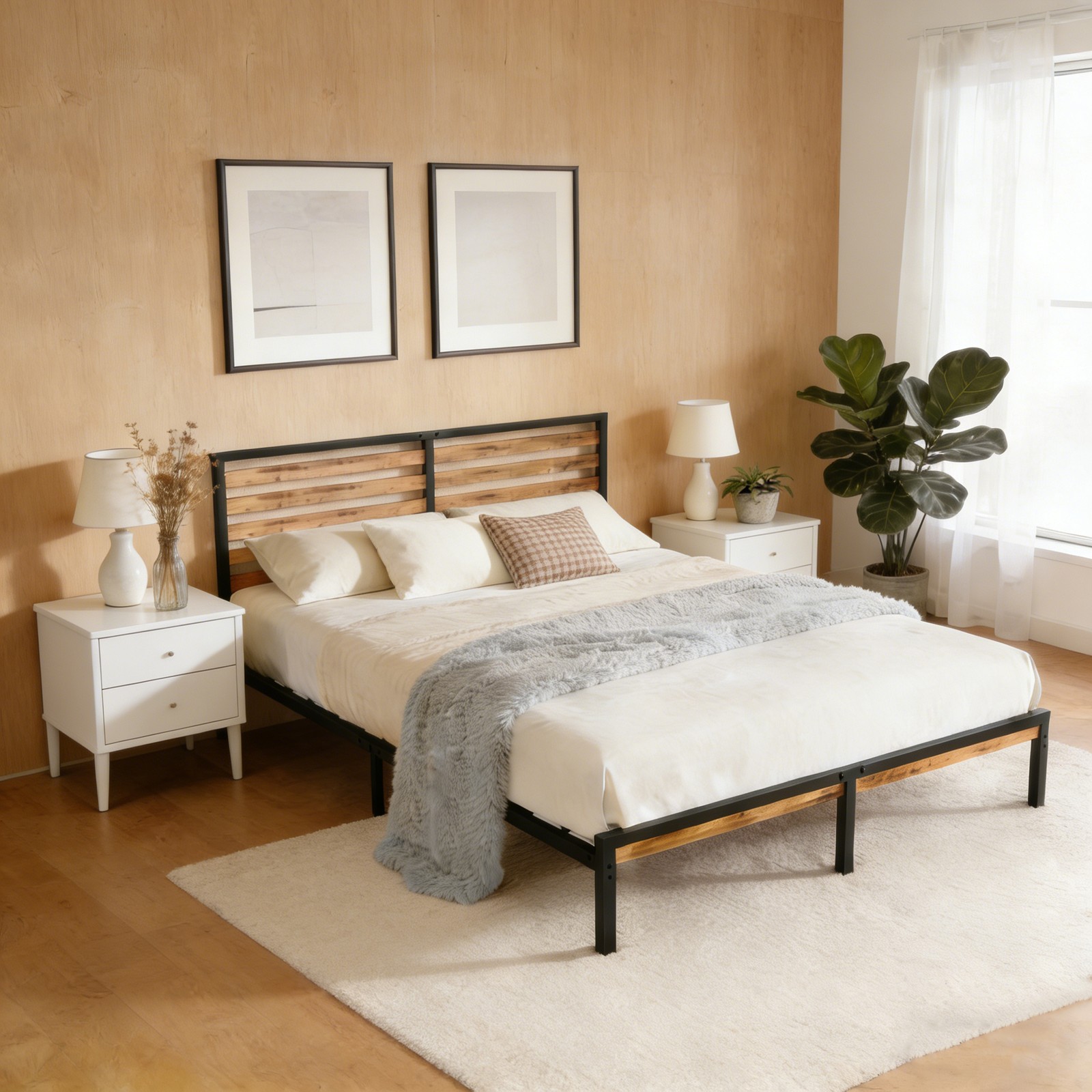 Full Size Bed Frame with Wood Headboard, Heavy Duty Metal Platform