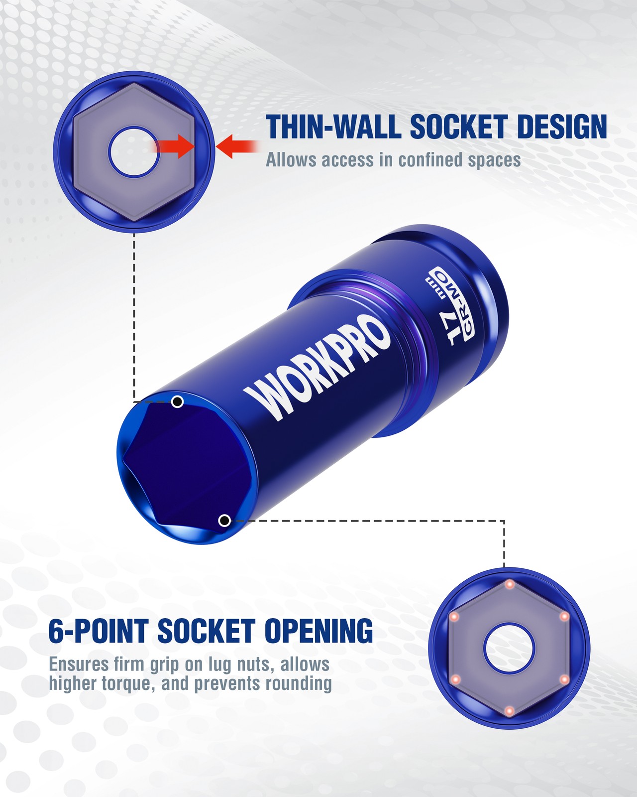 WORKPRO 1/2" Drive Lug Nut Impact Duty Socket Set 4 Pcs 17-19-21-22mm Socket Set