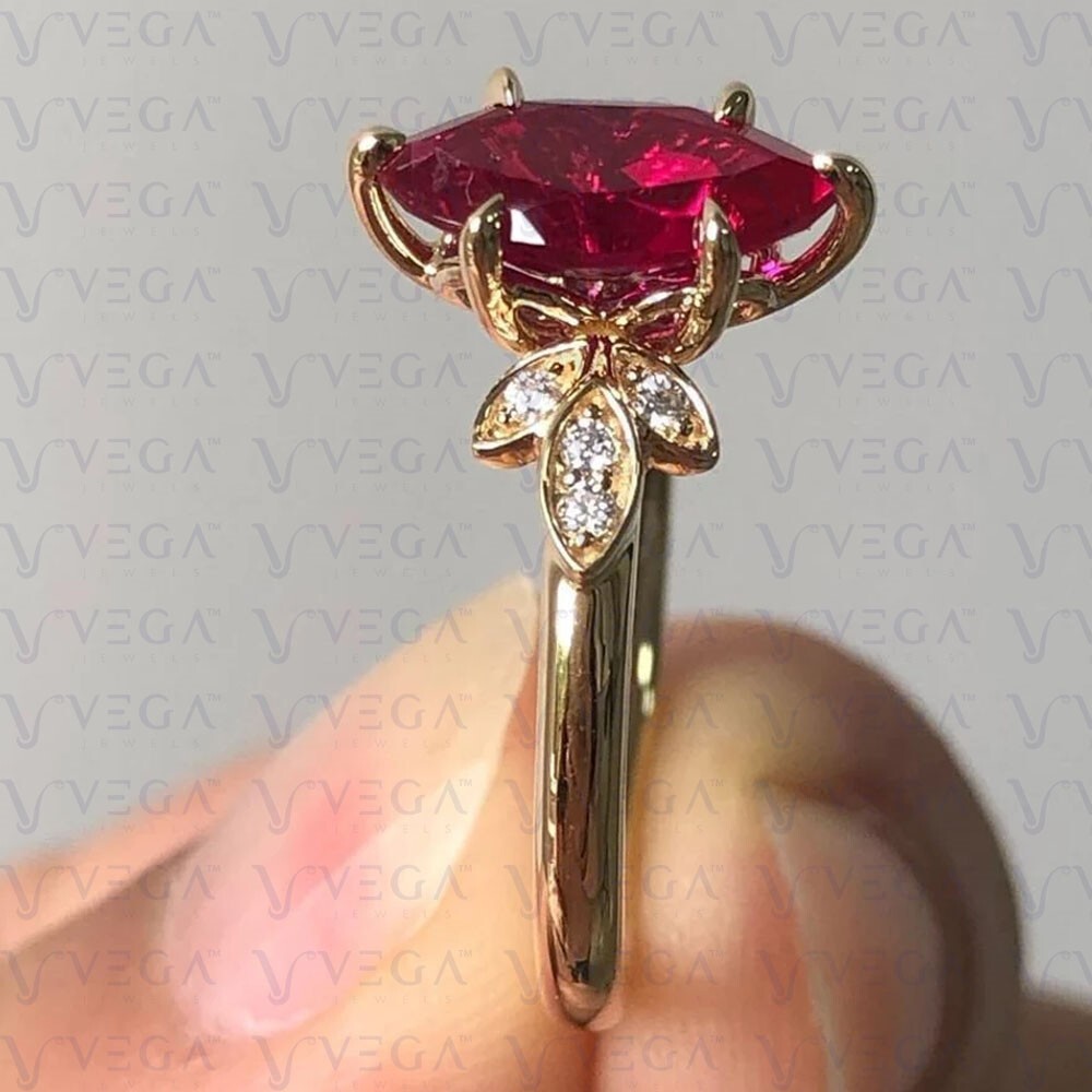 3.48Ct Marquise Cut Pink Natural Ruby & Diamond 100% 14k SOLID Yellow Gold Ring