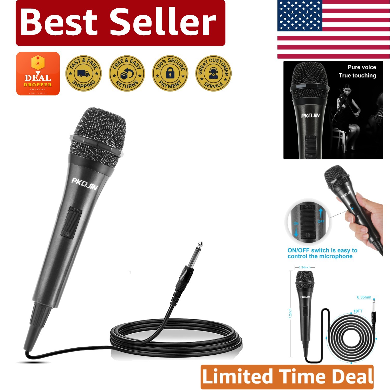 Dynamic Karaoke Microphone with 10ft Cable - Handheld Wired Mic for Singing